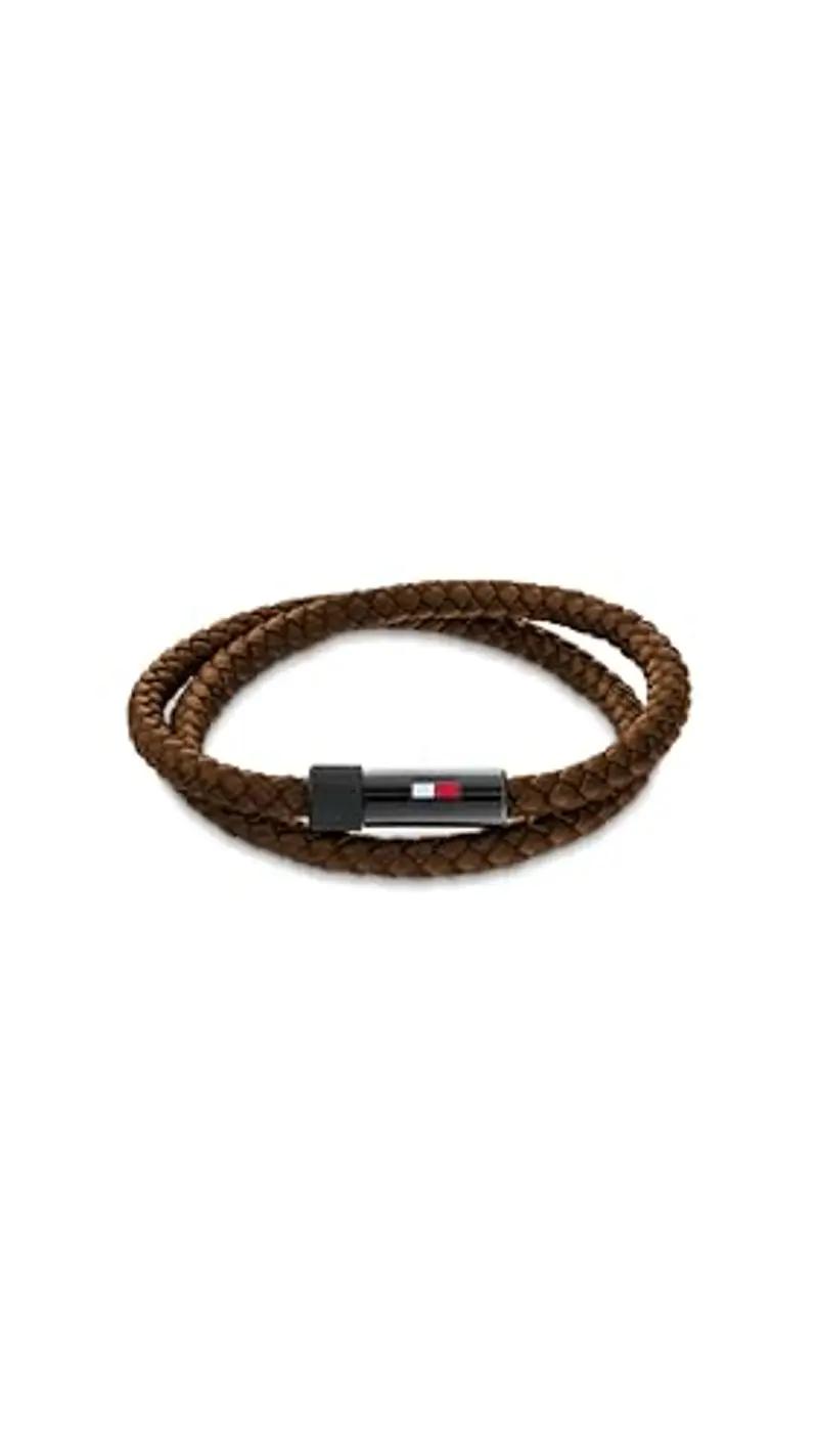 Tommy Hilfiger Jewelry Braccialetto da Uomo con Pelle Intrecciata Marrone a Doppio Giro
