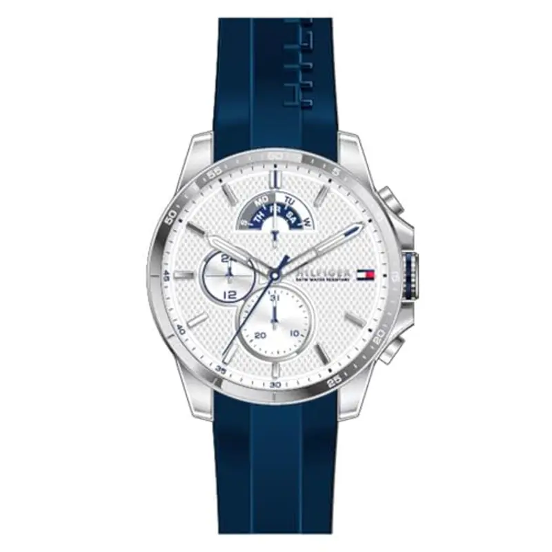 Tommy Hilfiger Orologio Analógico Multifunzionale al Quarzo per Uomo 48 mm - Quadrante Bianco, Cinturino in Silicone Blu, 3 Sottoquadranti