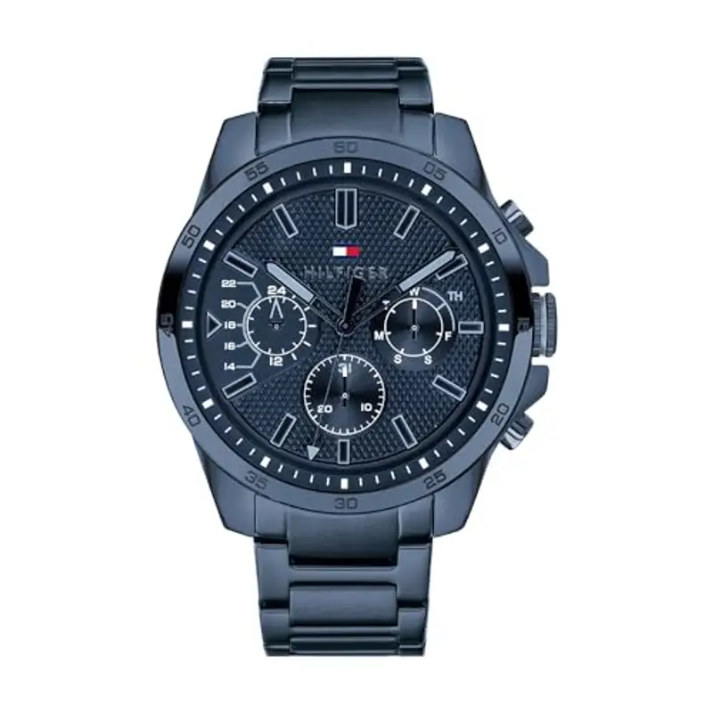 Tommy Hilfiger Orologio Analógico Multifunzionale al Quarzo per Uomo 48 mm - Quadrante Blu Semi-Lucido, Cinturino in Pelle Marrone Chiaro