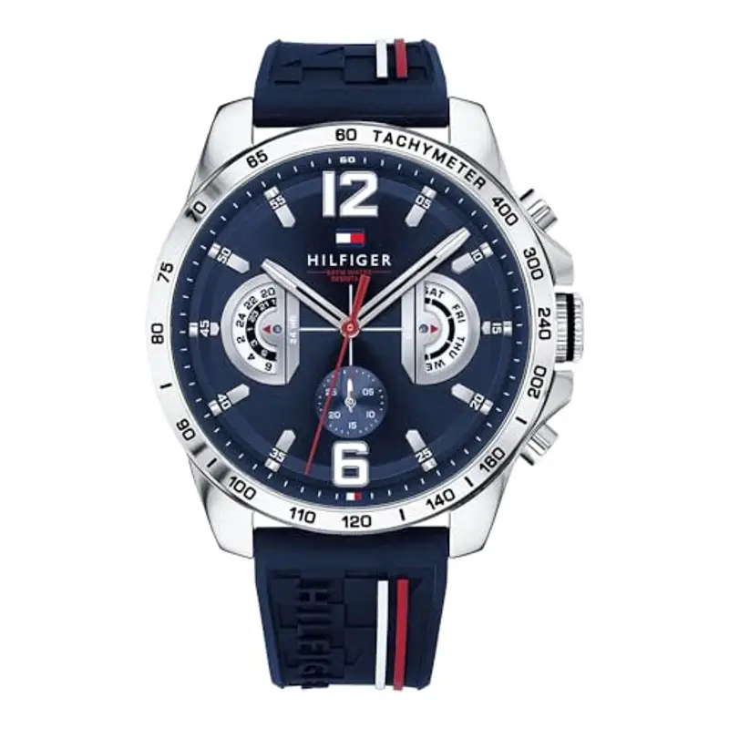 Tommy Hilfiger Orologio Analogico Multifunzionale al Quarzo da Uomo 46mm - Cinturino in Silicone e Quadrante Blu Navy, 3 Sottocadranti