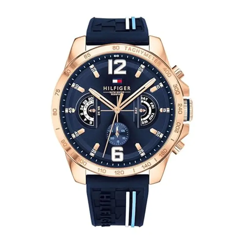 Tommy Hilfiger Orologio Analogico Multifunzionale al Quarzo per Uomo 46mm - Quadrante Blu Marino con Cinturino in Silicone, Funzioni
