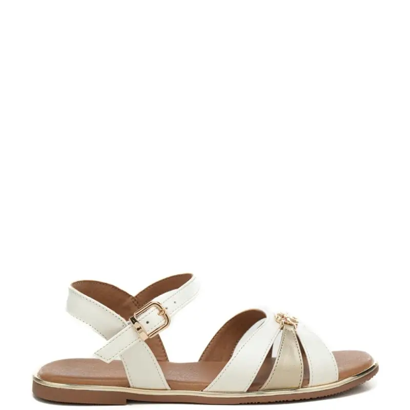 Tommy Hilfiger sandali bassi da bambina in pelle con logo monogram in metallo dorato sul davanti bianco platino