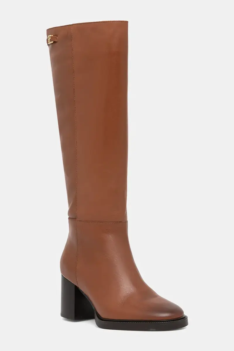 Tommy Hilfiger stivali in pelle STACKED HEEL LEATHER LONG BOOT donna colore marrone FW0FW08865