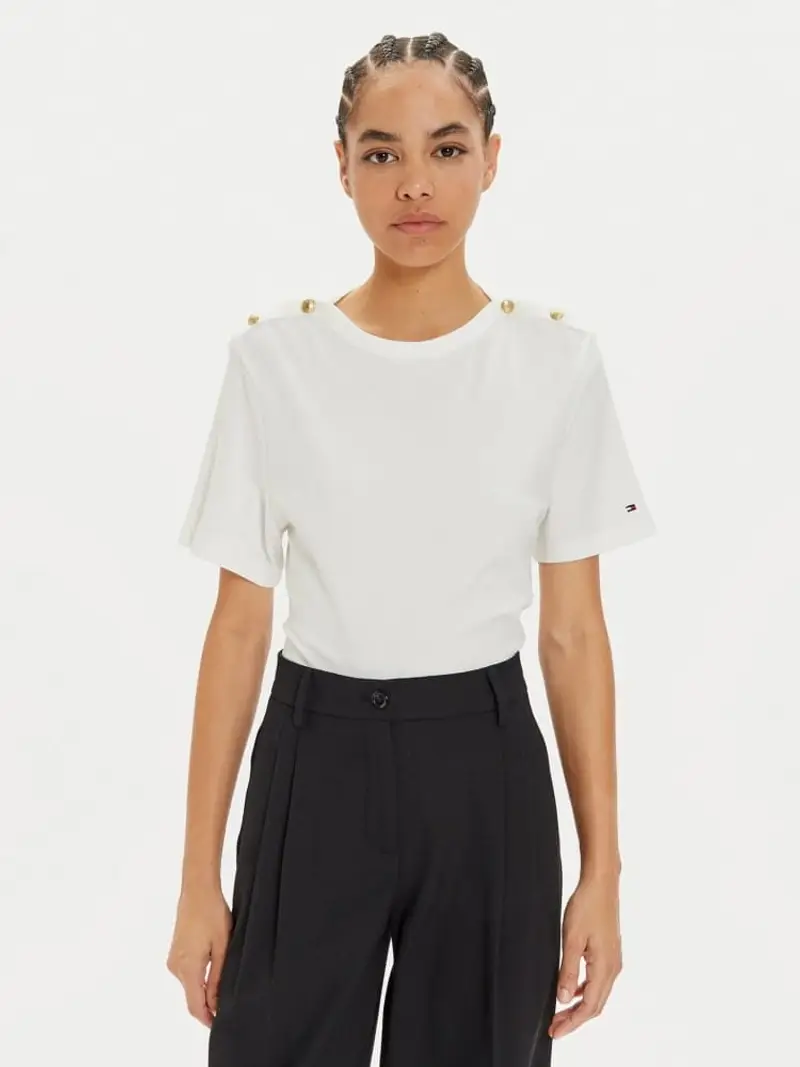 Tommy Hilfiger tshirt ecru donna in cotone micro logo sul lato