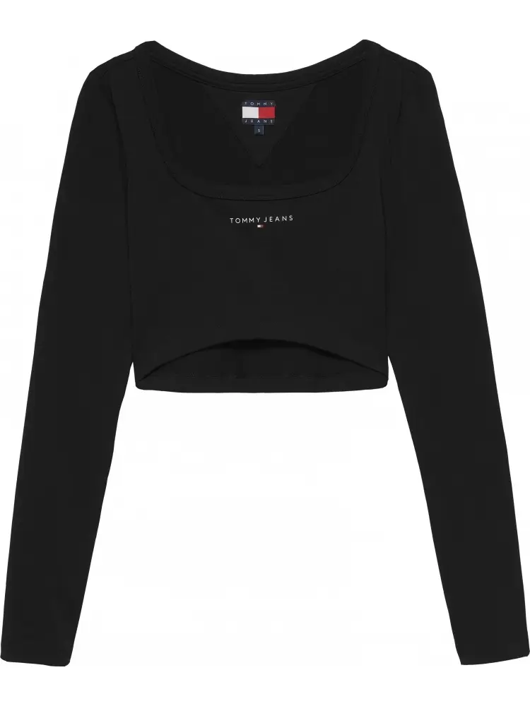 tshirt nera donna in cotone manica lunga crop logo sul davanti