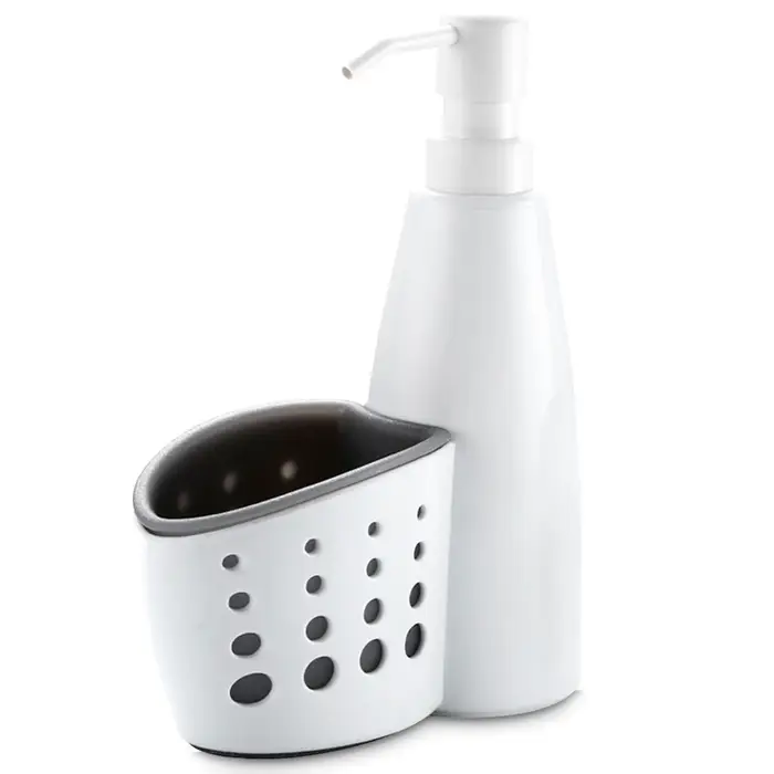 TOMTOP JMS Distributore di sapone liquido per le mani da 400 ml con porta spugna per il bagno, per il lavandino della cucina White & Gray