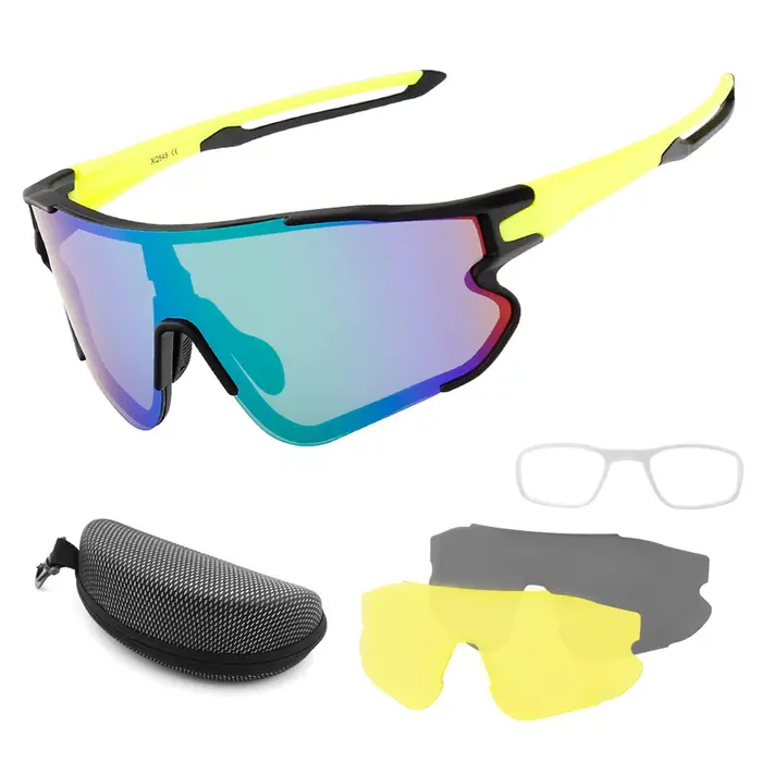 Occhiali da ciclismo con 2 lenti intercambiabili UV400, occhiali da sole sportivi per MTB e bici da strada, per uomo giallo/nero