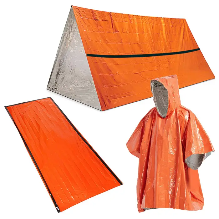 Rifugio per tenda di sopravvivenza di emergenza impermeabile all aperto con sacco a pelo per avventure in campeggio Rain poncho & Sleeping bag & Tent