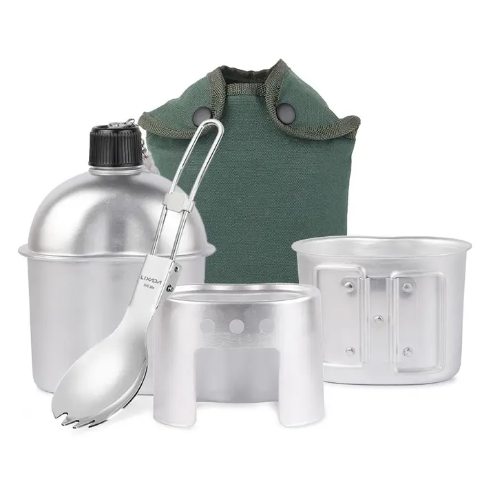 TOMTOP JMS Set di pentole da 4 pezzi in alluminio, borraccia militare, set per fornello a legna con forchetta pieghevole e borsa di