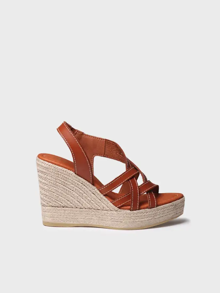 Espadrillas aperte da donna in pelle con zeppa ed elastici CUOIO
