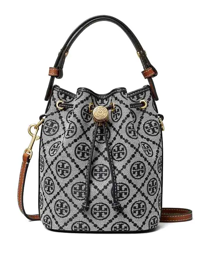 Tory Burch Borsa a secchiello mini con monogramma T Beige