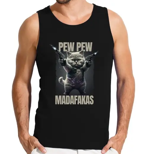 T-shirt uomo senza maniche pew pew madafakas gatto slogan vintage