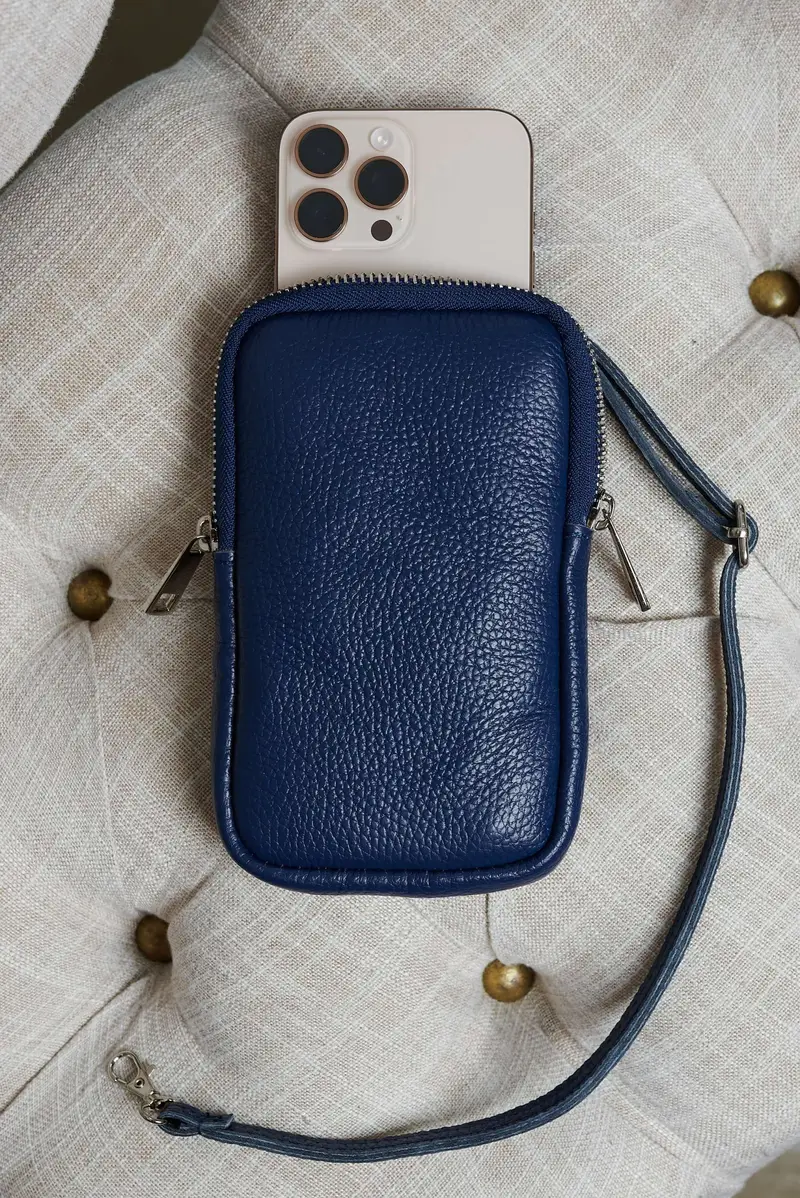 D'Arienzo Tracollina Portacellulare in pelle blu morbida, Seleziona Taglia Unica, Colore Blu