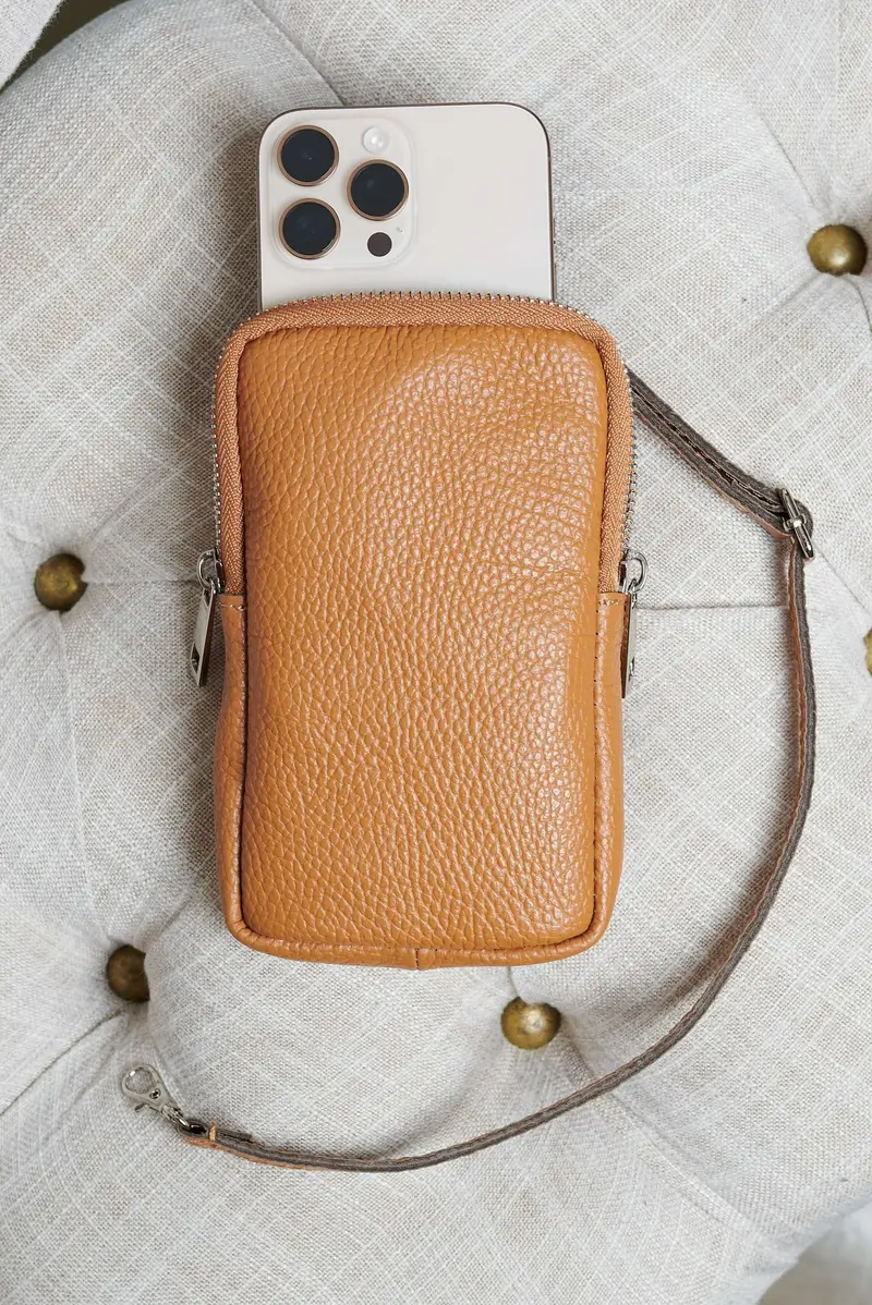 D'Arienzo Tracollina Portacellulare in pelle cuoio morbida, Seleziona Taglia Unica, Colore Cuoio