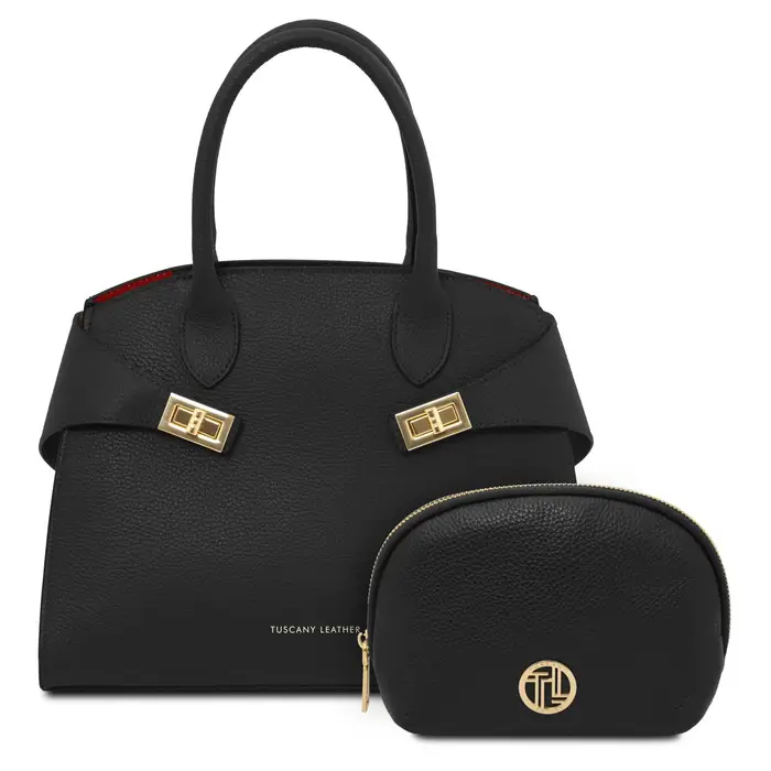 Tuscany Leather Borsa a mano in pelle e trousse in pelle morbida Nero