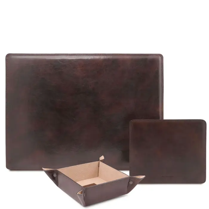 Tuscany Leather Sottomano da scrivania, tappetino per mouse e vuotatasche in pelle Testa di Moro