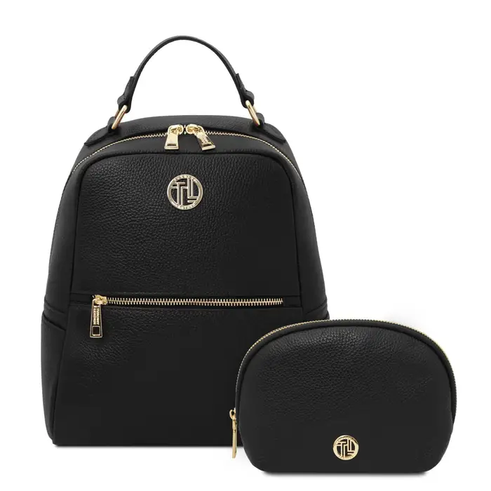 Zaino in pelle morbida e trousse in pelle morbida Nero