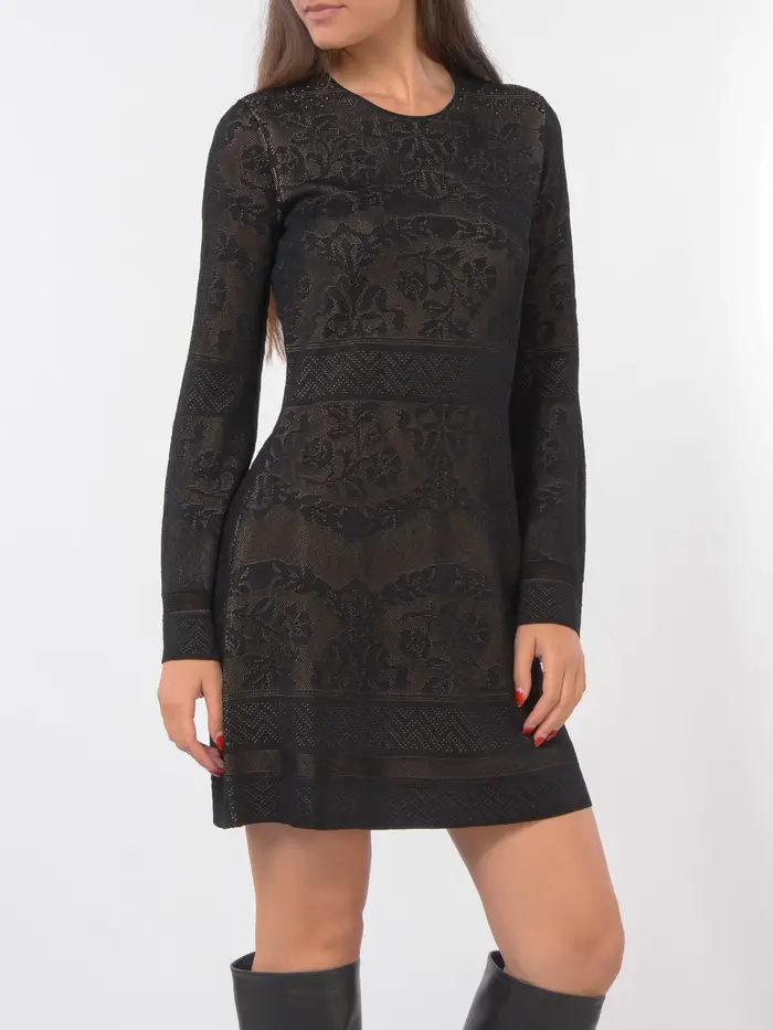 TWINSET abito corto da donna in maglia traforata a girocollo NERO