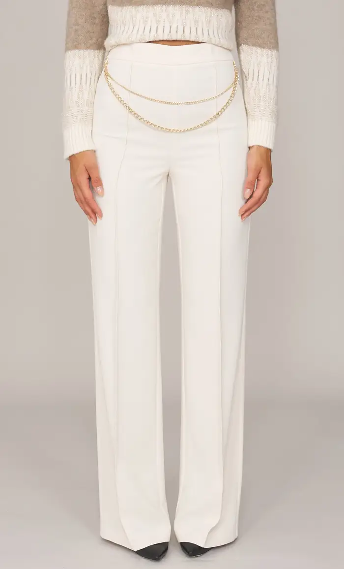 TWINSET Pantalone palazzo con cintura in catena, colore bianco