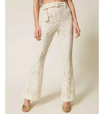 Twinset per donna 261TT2314 Pantaloni svasati in pizzo con cintura beige, Casual, Cotone