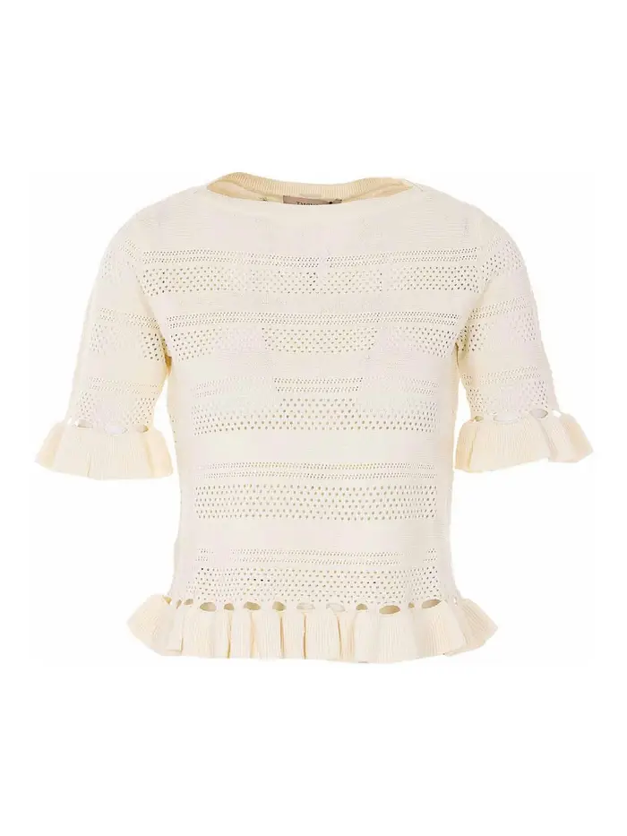 T-shirt lavorata a maglia color crema Bianco