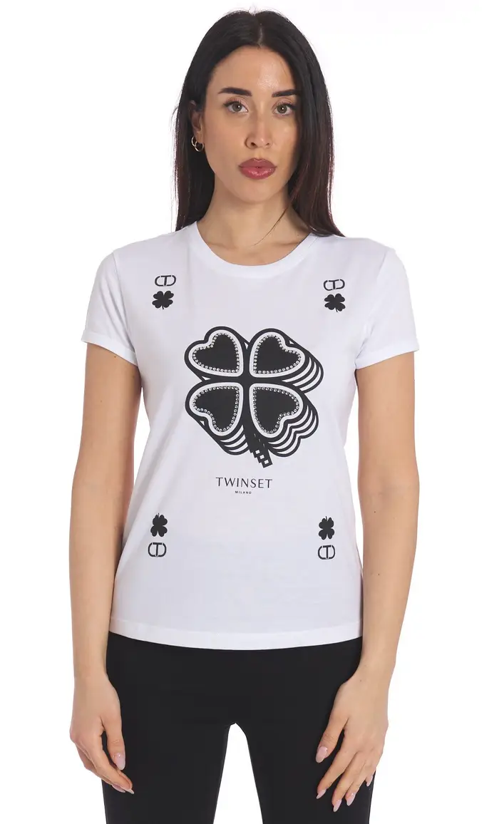 T-shirt twinset con quadrifoglio e strass, colore bianco