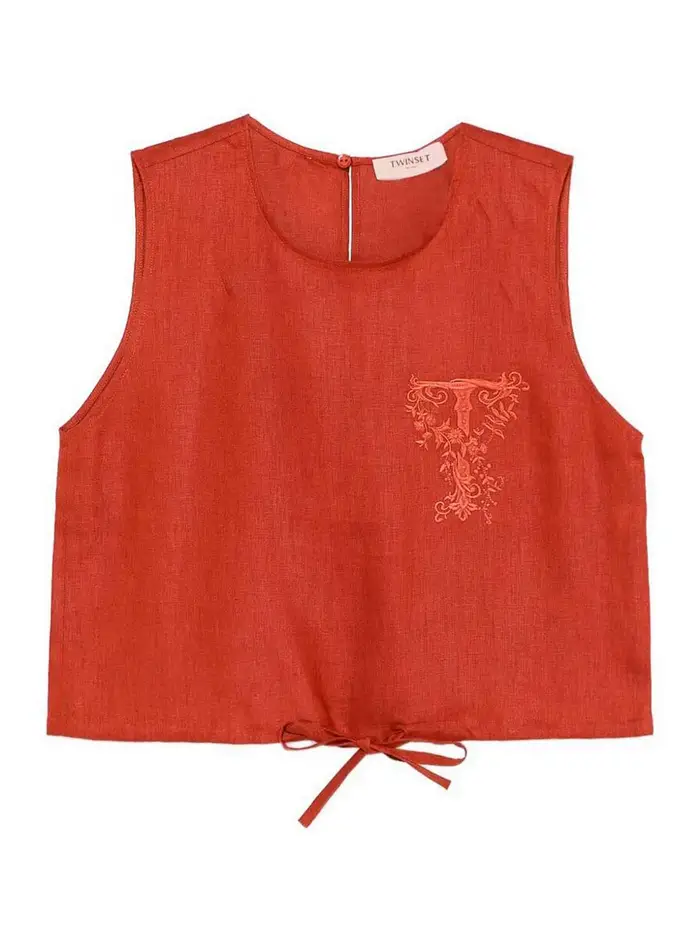 Top Con Coulisse E Ricamo Marrone