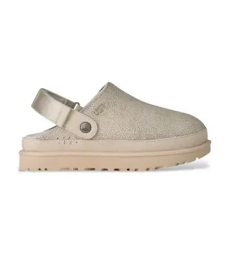 UGG per donna 1177853 Zoccoli Goldenstar Crackle Clog in pelle bianca effetto craquelé, Bianco, Basso, Fibbia, Casual Naturale