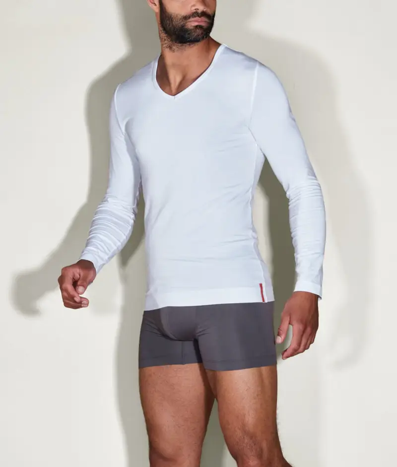Undiemeister® Maglia Manica Lunga Bianca Slim Fit Con Scollo a V Chalk White