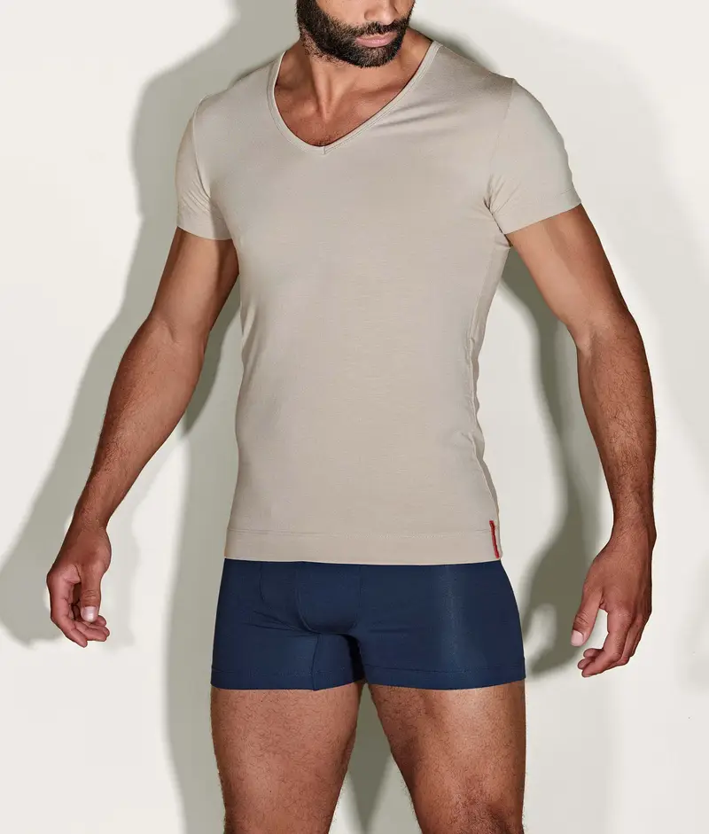 Undiemeister® Maglietta Khaki Slim Fit Con Profondo Scollo a V Desert Sand