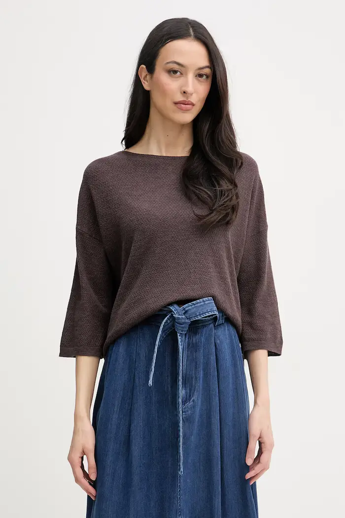 maglione a maniche corte da donna con lino Marrone