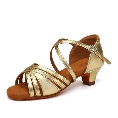 Uonpie Scarpe da Ballo Latino Americano Bambina Tacco 4cm Scarpe Ballo Danza Classica in Raso, Oro, 33 EU