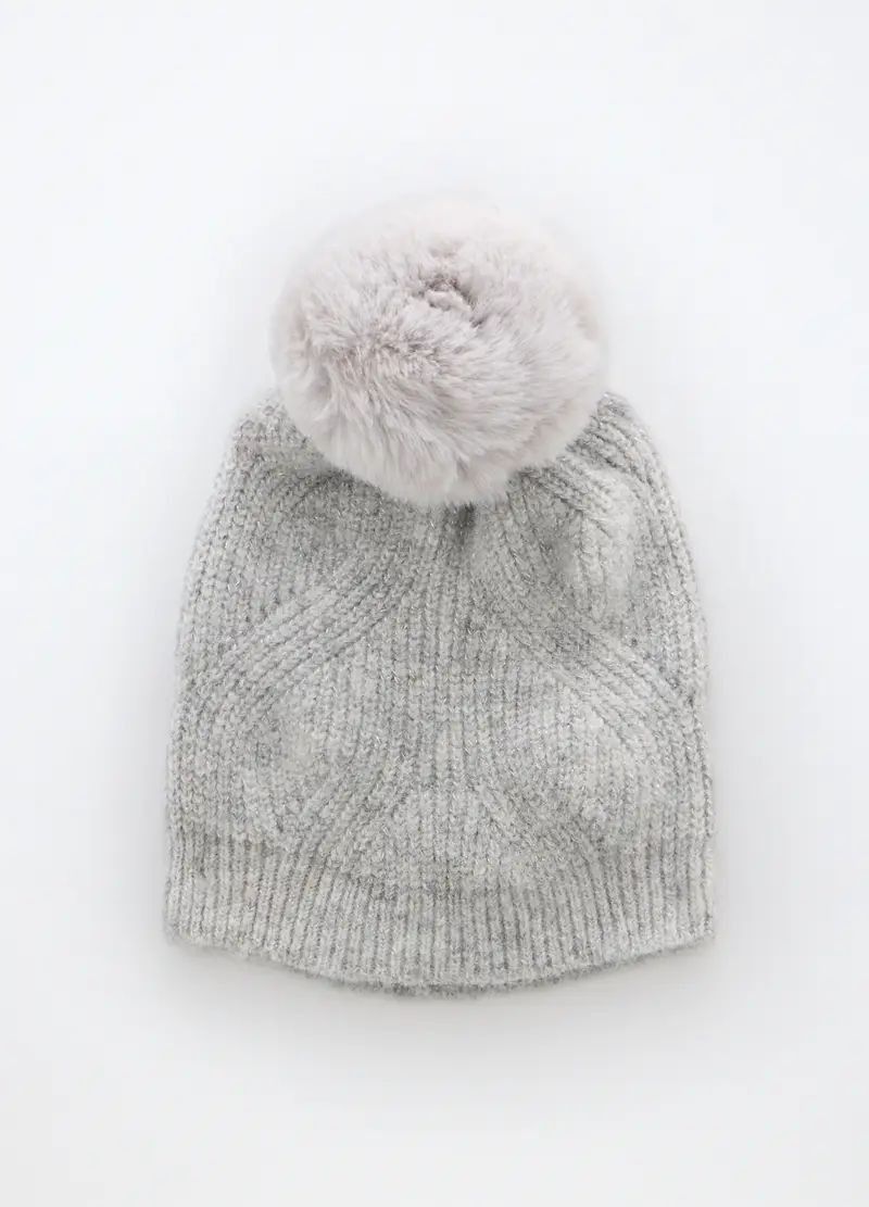 Berretto Tricot Con Pon Pom Donna, Grigio chiaro melange