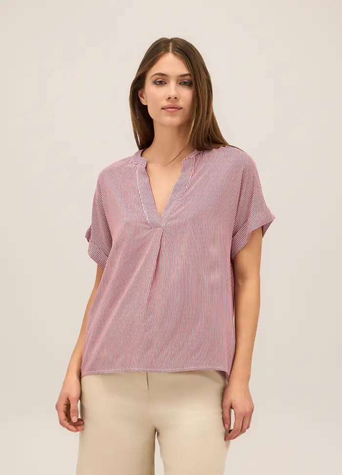 Blusa In Pura Viscosa A Righe Donna, Bianco/Rosso