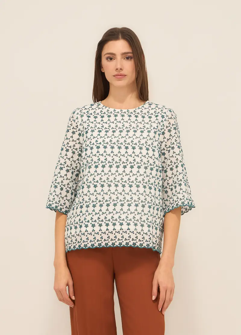 Upim Blusa In Puro Cotone Con Ricami Donna, Bianco/Verde