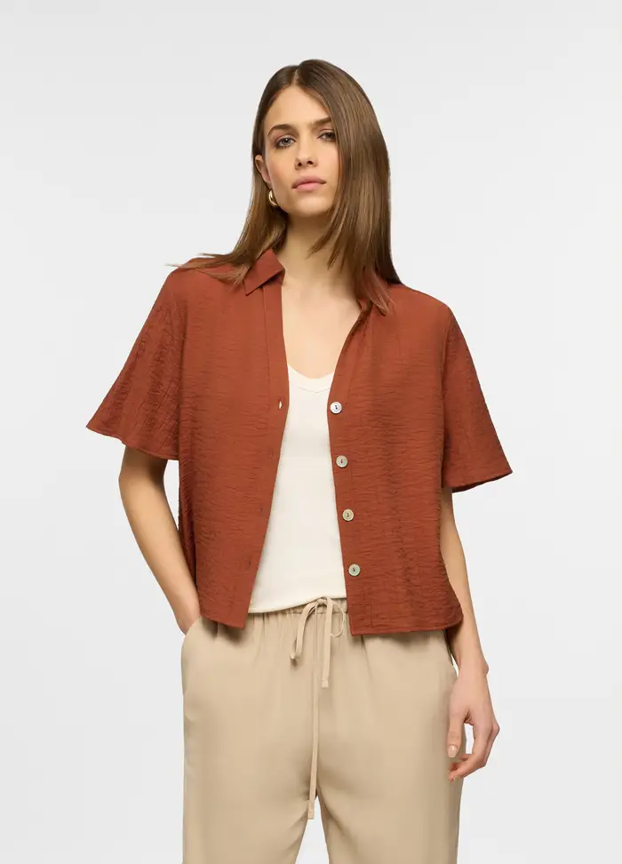 Camicia A Maniche Corte Con Colletto Classico In Misto Viscosa Donna, Rosso mattone