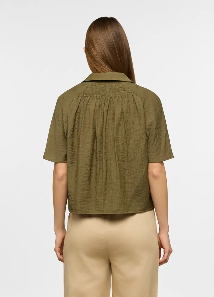 Camicia A Maniche Corte Con Colletto Classico In Misto Viscosa Donna, Verde oliva