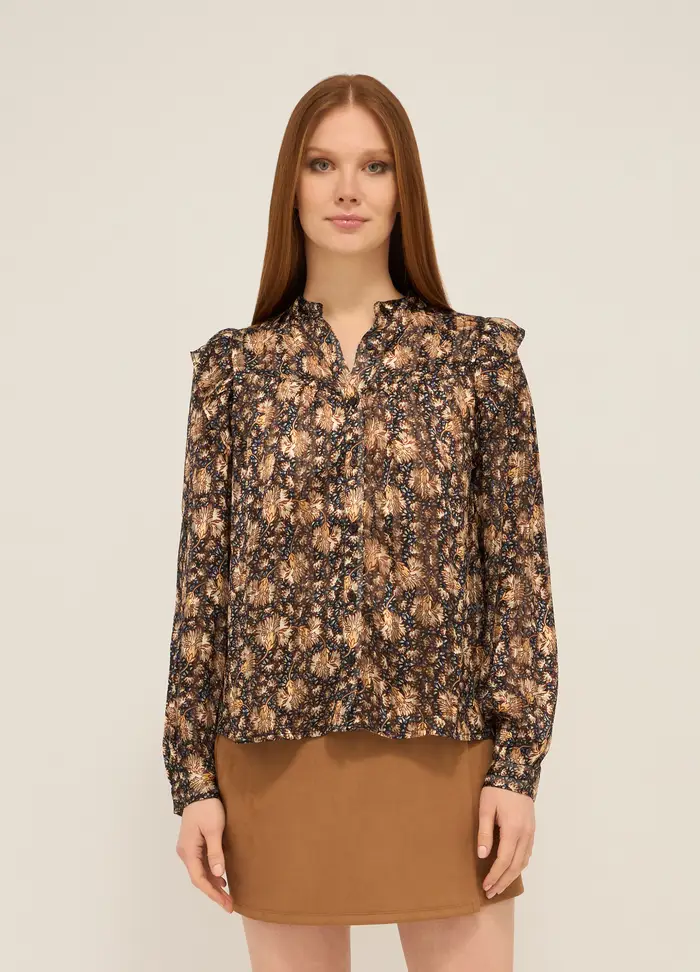 Camicia Con Colletto Alla Coreana Donna, Marrone chiaro