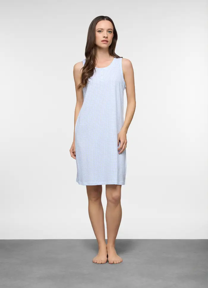Camicia Da Notte Corta In Jersey Di Puro Cotone Donna, Azzurro cielo