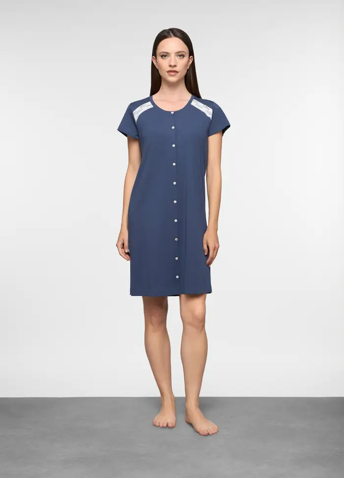 Camicia Da Notte In Jersey Di Puro Cotone Donna, Blu Bluette