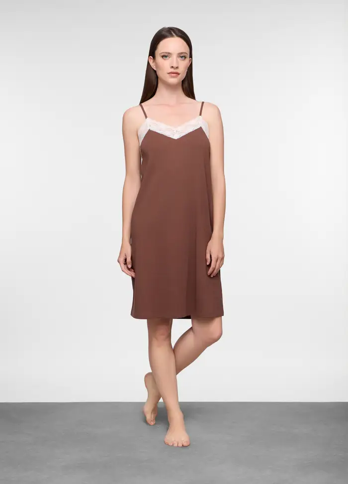 Camicia Da Notte In Jersey Di Puro Cotone, Donna, Marrone cioccolato