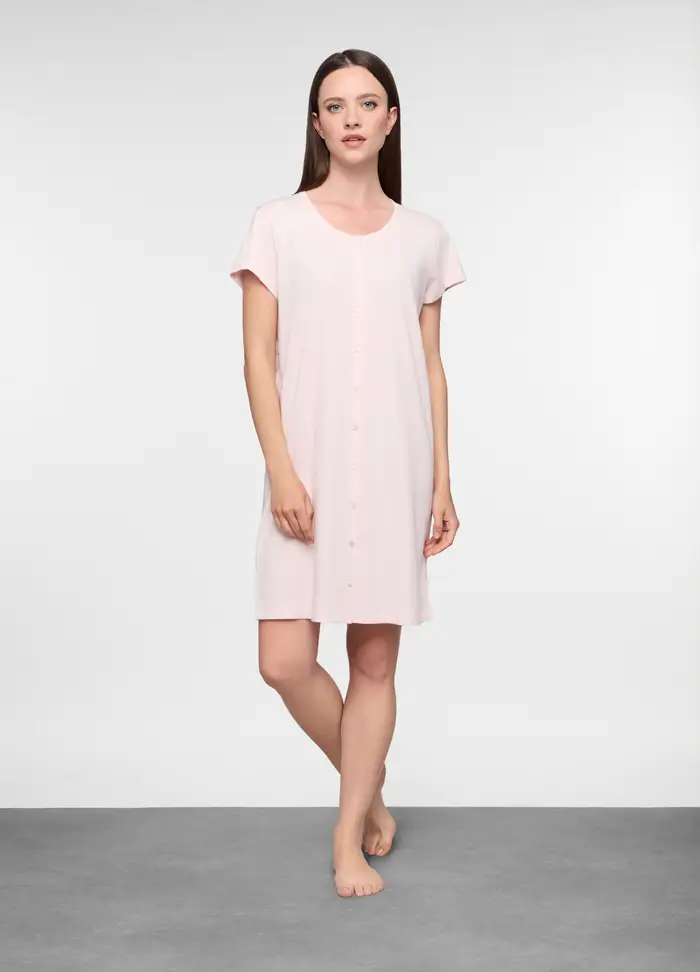 Camicia Da Notte In Jersey Di Puro Cotone Donna, Rosa chiaro
