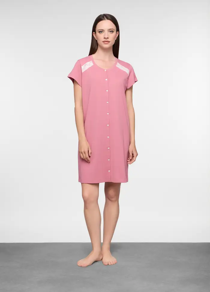 Camicia Da Notte In Jersey Di Puro Cotone Donna, Rosa pastello