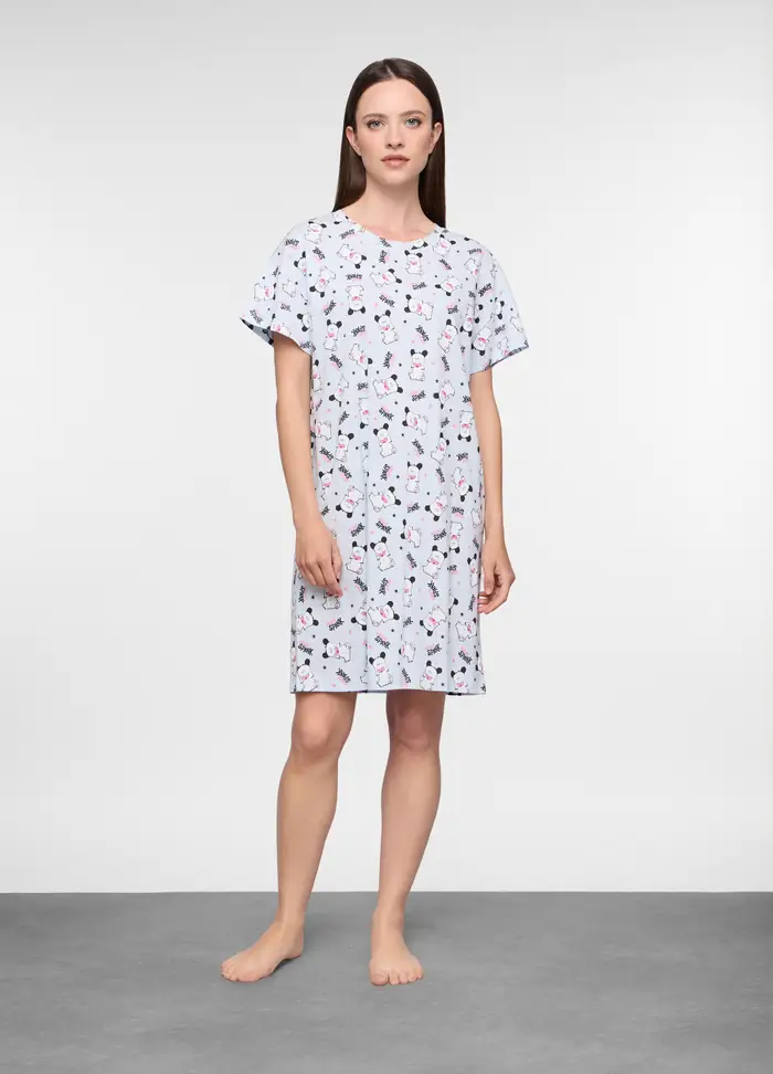 Camicia Da Notte Spank In Jersey Di Puro Cotone Donna, Azzurro chiaro