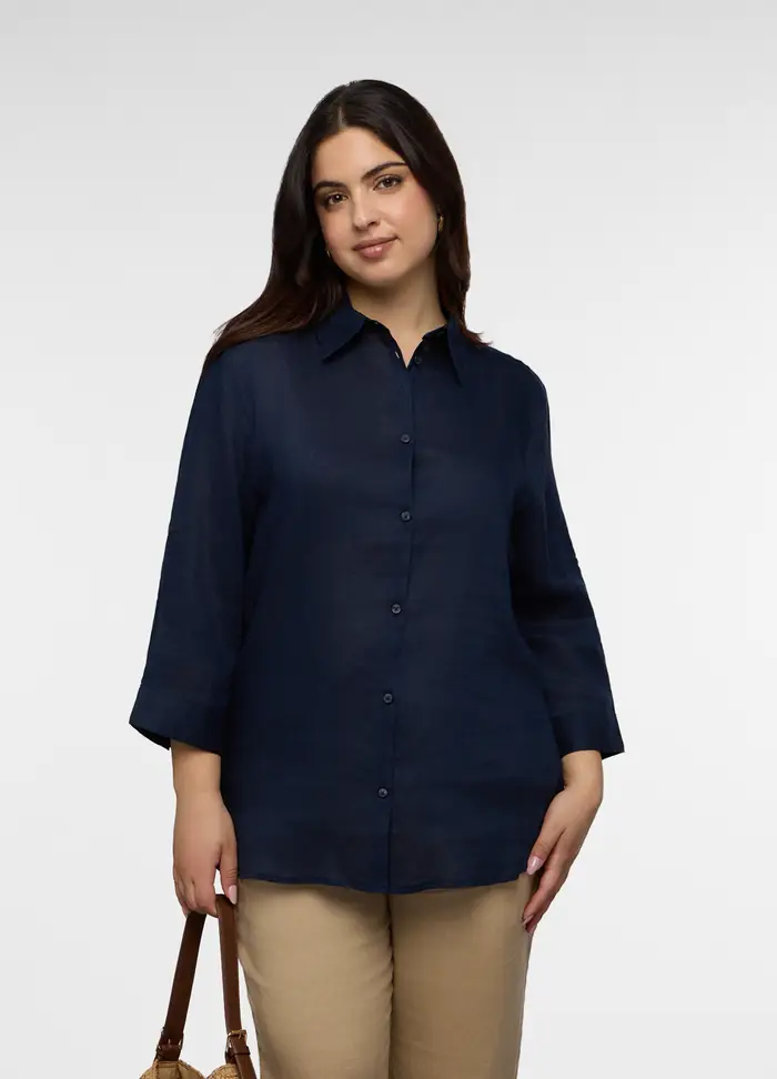 Camicia Fit Regular Con Collo Alla Francese In Puro Lino Donna Curvy, Blu scuro