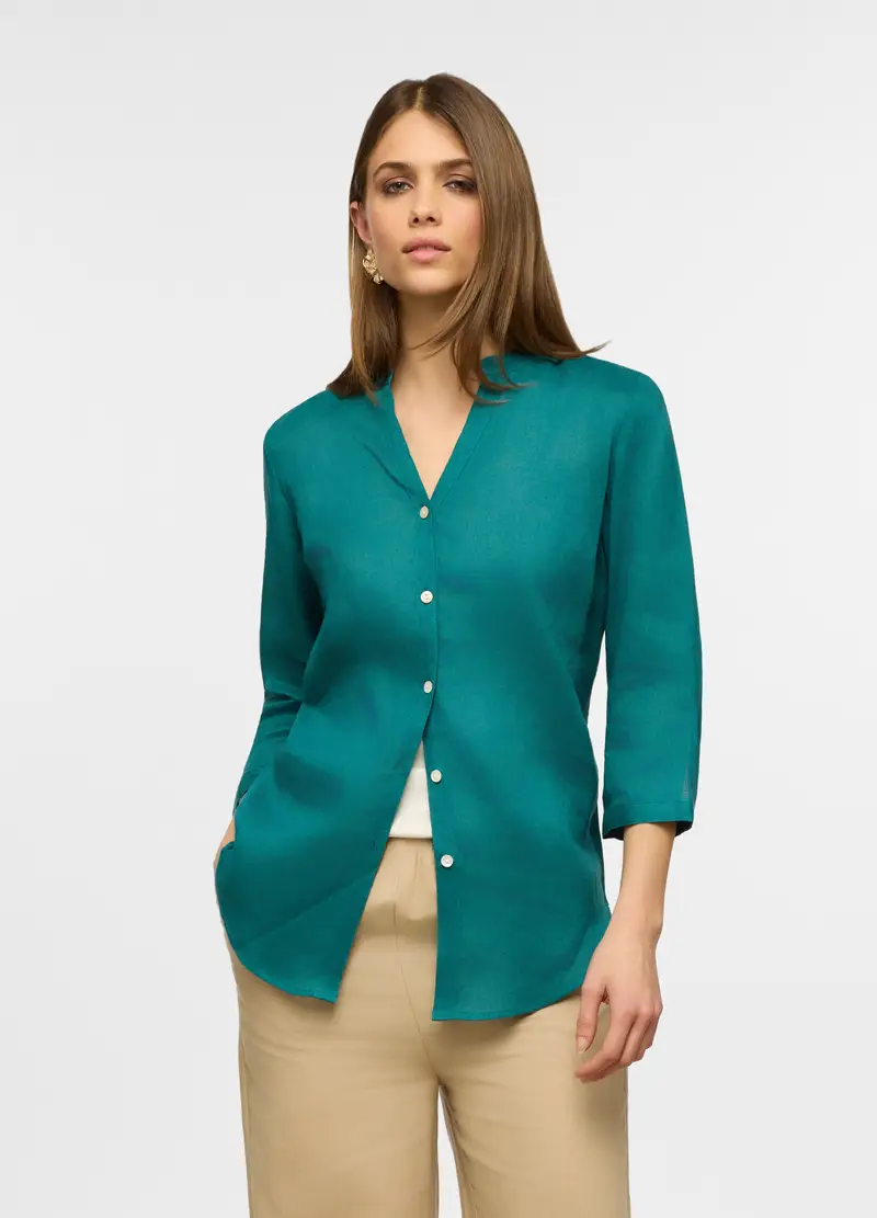 Upim Camicia Fit Regular Con Collo Coreano In Puro Lino Donna, Verde scuro