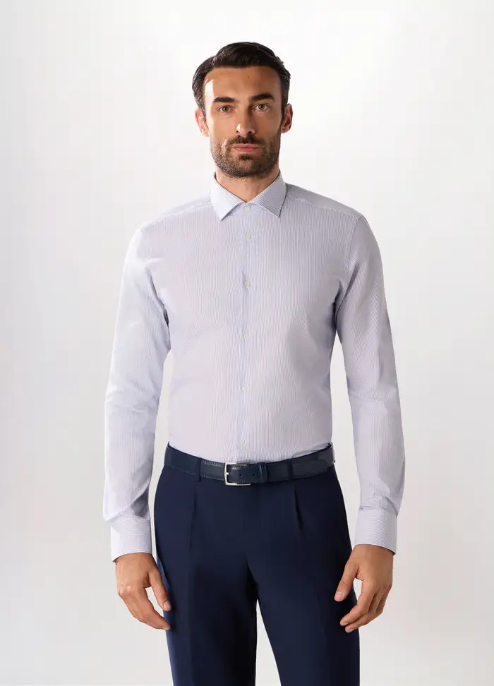 Camicia Slim Fit Con Micromotivo Uomo, Bianco/Blu