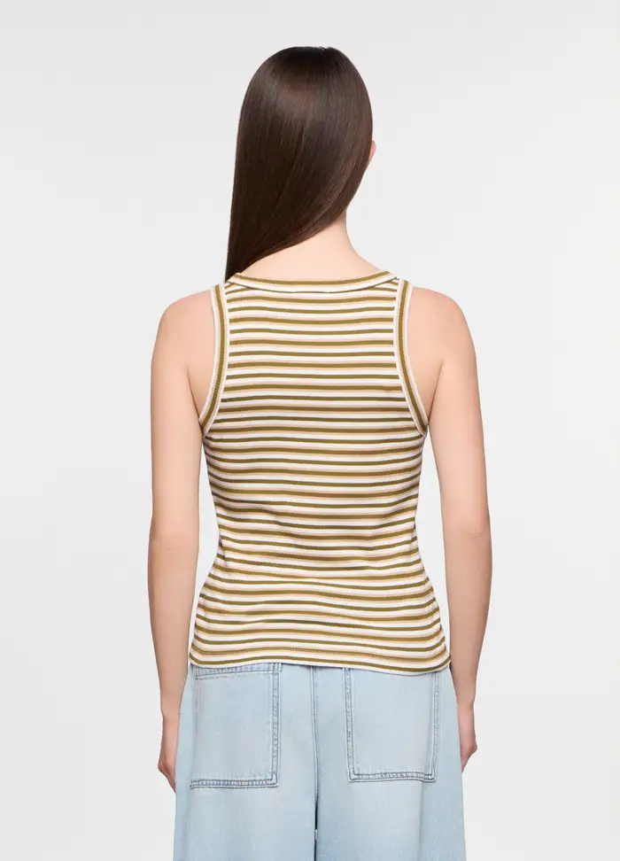 Canotta Fitted In Costina Di Puro Cotone Donna, Bianco/Verde