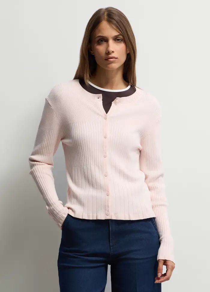 Cardigan Girocollo In Costina Donna, Rosa chiaro