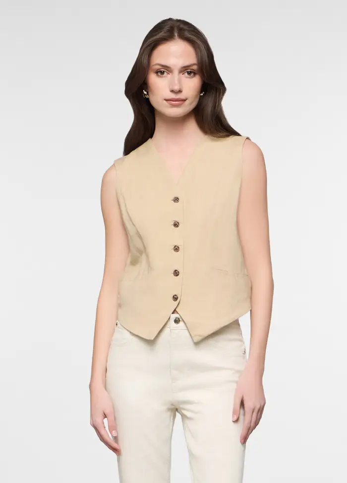 Gilet In Twill Misto Lino Donna, Beige chiaro